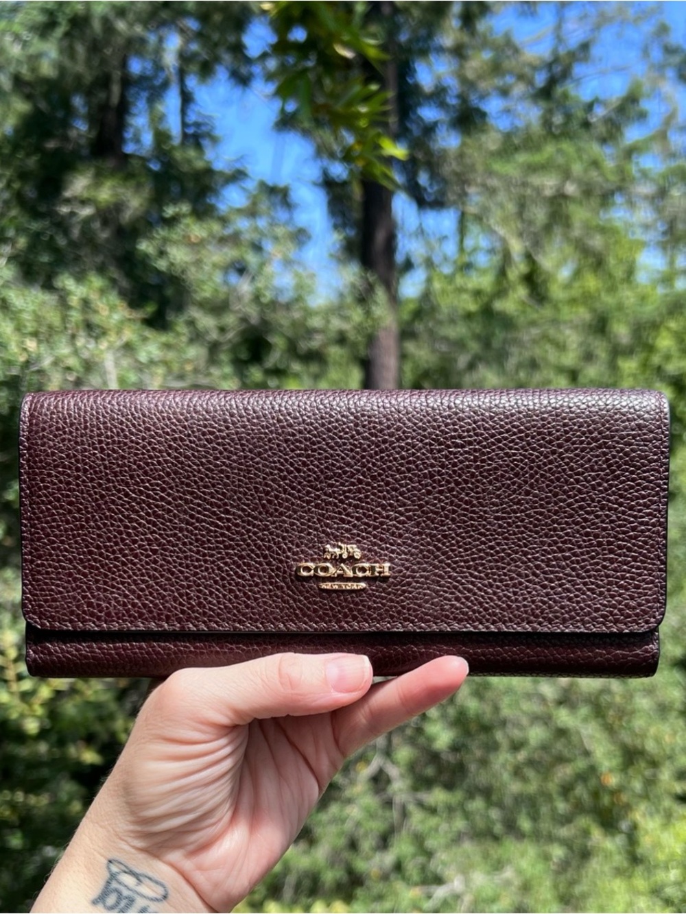 COACH VINTAGE Trifold Pebbled Leather Wallet Oxblood Brn/Purple w Gold Hardware